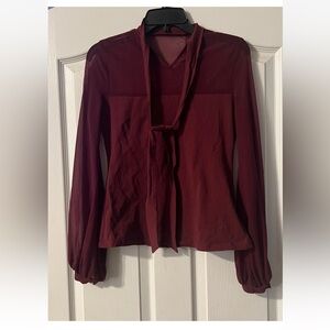 Tie-Neck Long-Sleeve Blouse in Deep Burgundy